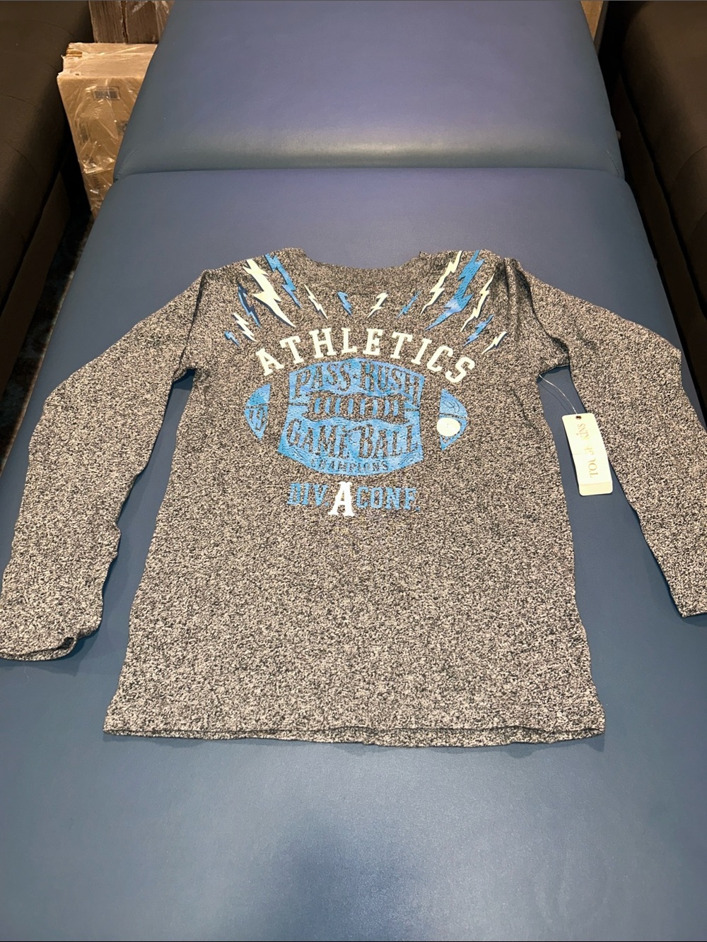 NWT- Toughskins Grey Heather Long-Sleeve Tee with Blue Athletic Graphic